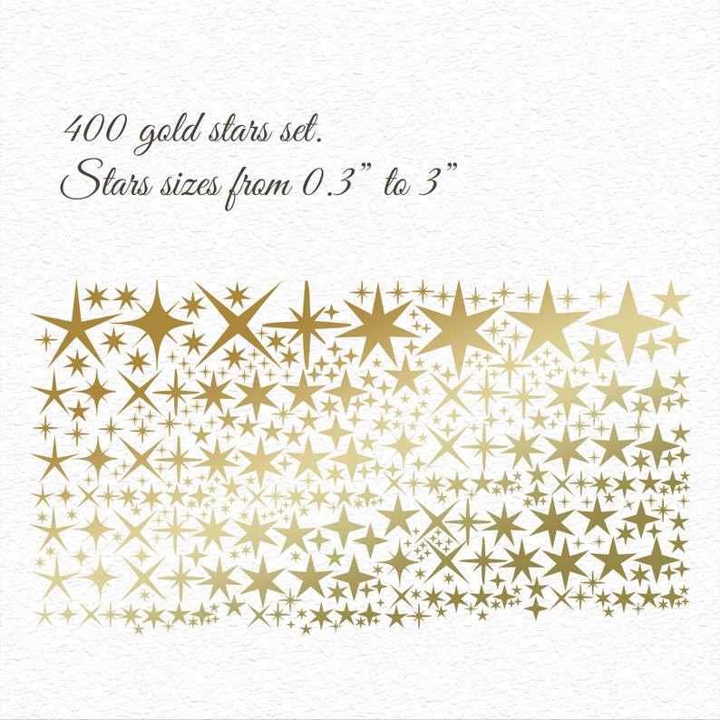 May include: A set of 400 gold stars of various sizes, ranging from 0.3 inches to 3 inches in diameter. The stars are arranged in a gradient pattern, with the largest stars at the top and the smallest stars at the bottom.