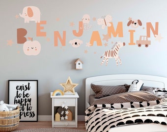 Custom name wall decals for nursery decor, baby shower gift for mom, cute animals wall decals for baby girl room decor, housewarming gift