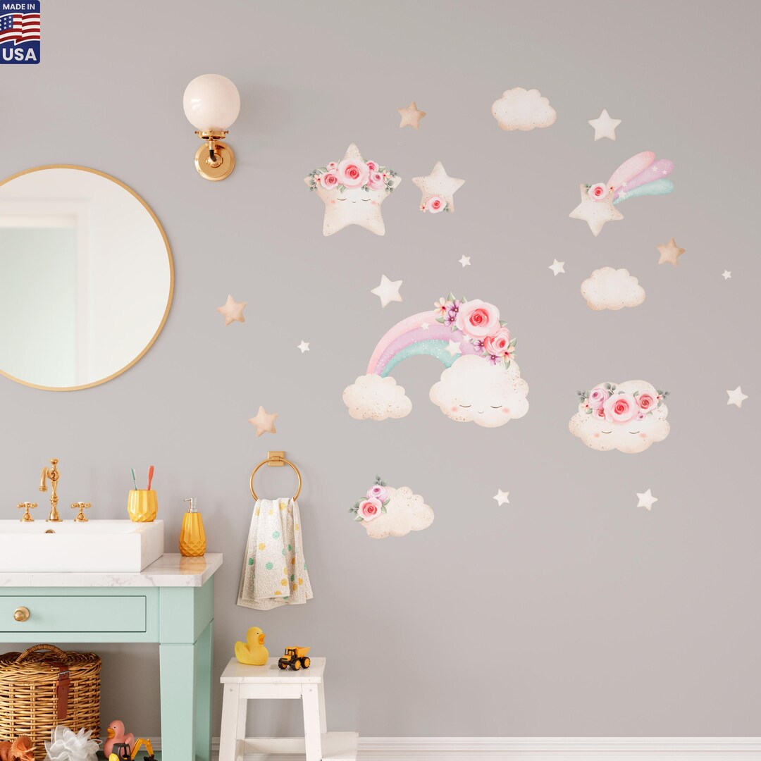 Watercolor Clouds and Stars Wall Decals – Floral Stickers for Nursery ...