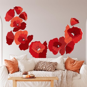 Red Poppy Wall Decals – Large Removable Floral Stickers for Bedroom, Nursery or Living Room – Boho Flower Wall Art for Home Decor