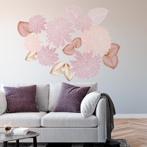 Pink Flowers Wall Sticker - Boho Nursery Peel and Stick Decals - Removable Decor - Botanical Self Adhesive Wall Mural
