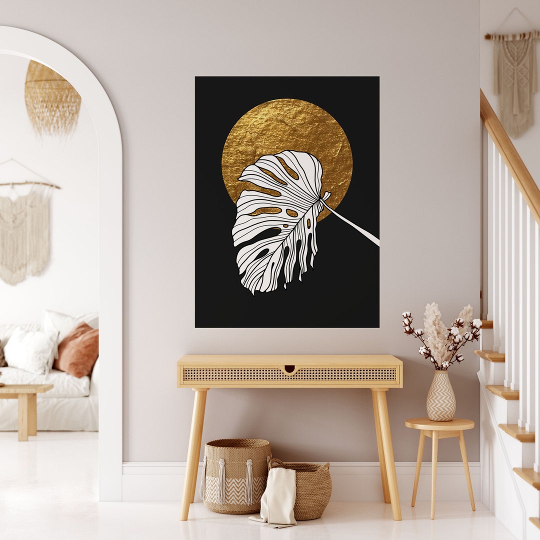 Monstera Leave Modern Black and Gold Wall Decal, Modern Wall Sticker