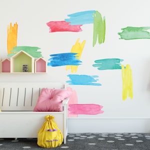 Vinyl muursticker aquarel beroerte voor moderne kinderkamerinrichting, kinderkamerinrichting, aquarelkunst, muursticker regenboog
