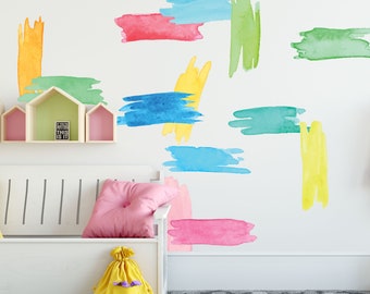 Watercolor stroke vinyl wall decal for modern nursery or kids room decor, nursery decor, watercolor art, wall decal rainbow