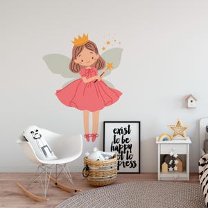 Fairy Princess Wall Decal – Large Girl Wall Sticker with Wings, Crown & Wand – Whimsical Nursery Wall Art for Baby or Toddler Girl’s Room