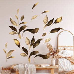 Botanical Wall Decals - Boho Vinyl Decal Set, Flower Blossoms, Leaf Decals, Gold Wall Decals, Removable Wall Art, Floral Wall Sticker