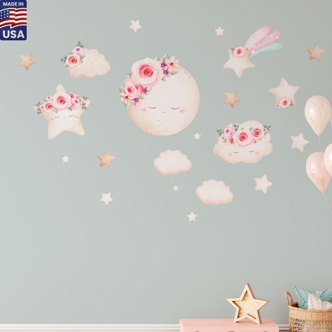 Watercolor Moon and Stars Wall Decals – Clouds Floral Stickers for ...