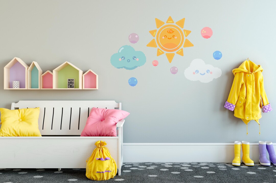 Sun and Clouds Nursery Wall Decal - Large Mural Kids - Watercolor Stars ...