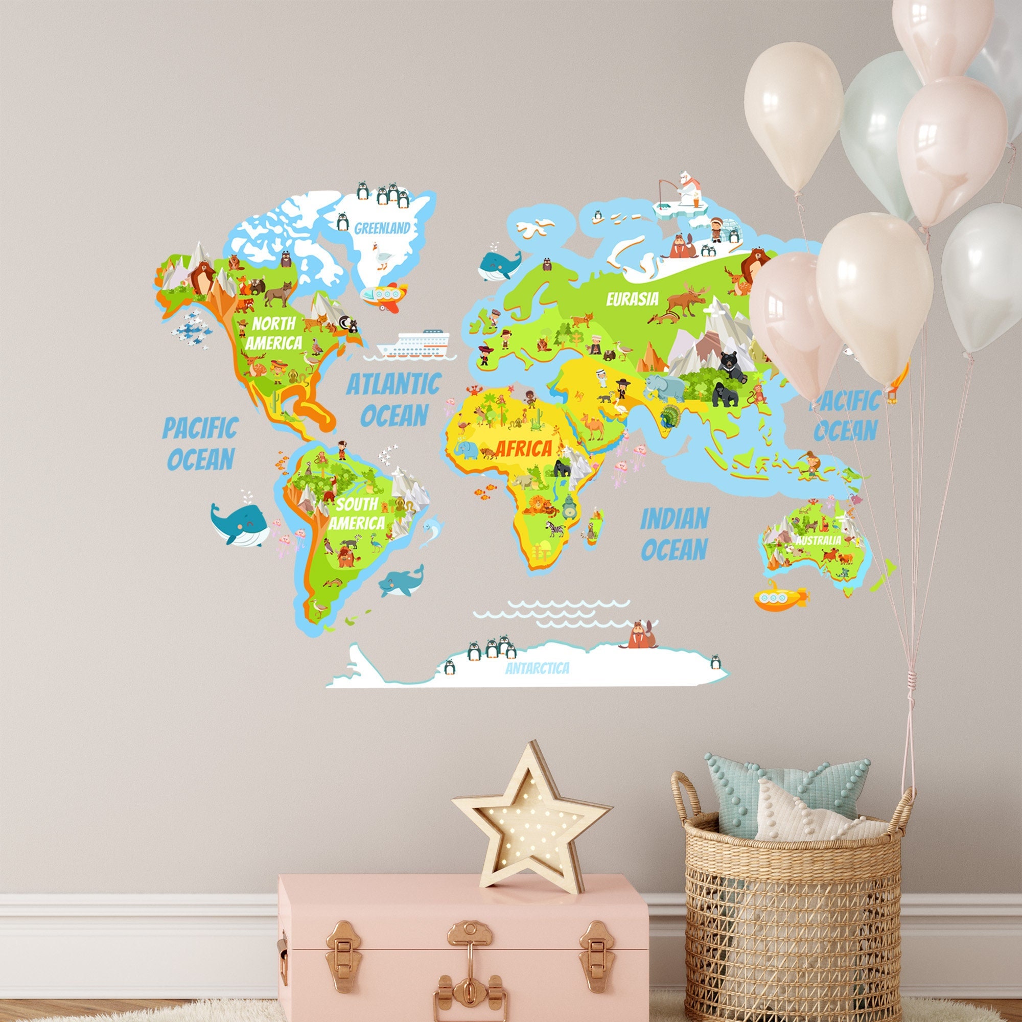 Colorful World Map Wall Decal, Kids Nursery Decor - Etsy