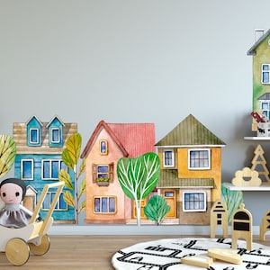 Large watercolor city wall decal, cute houses sticker, home wall decal, house decal, play room decal, wall decal kids