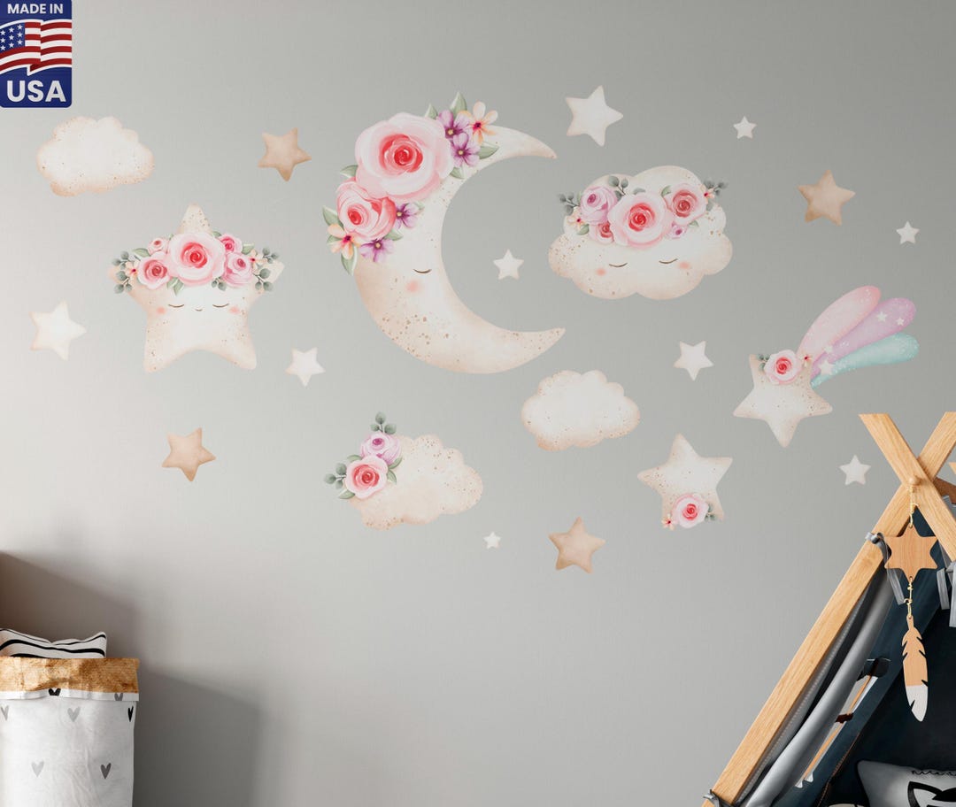 Watercolor Moon and Stars Wall Decals – Crescent Floral Stickers for ...
