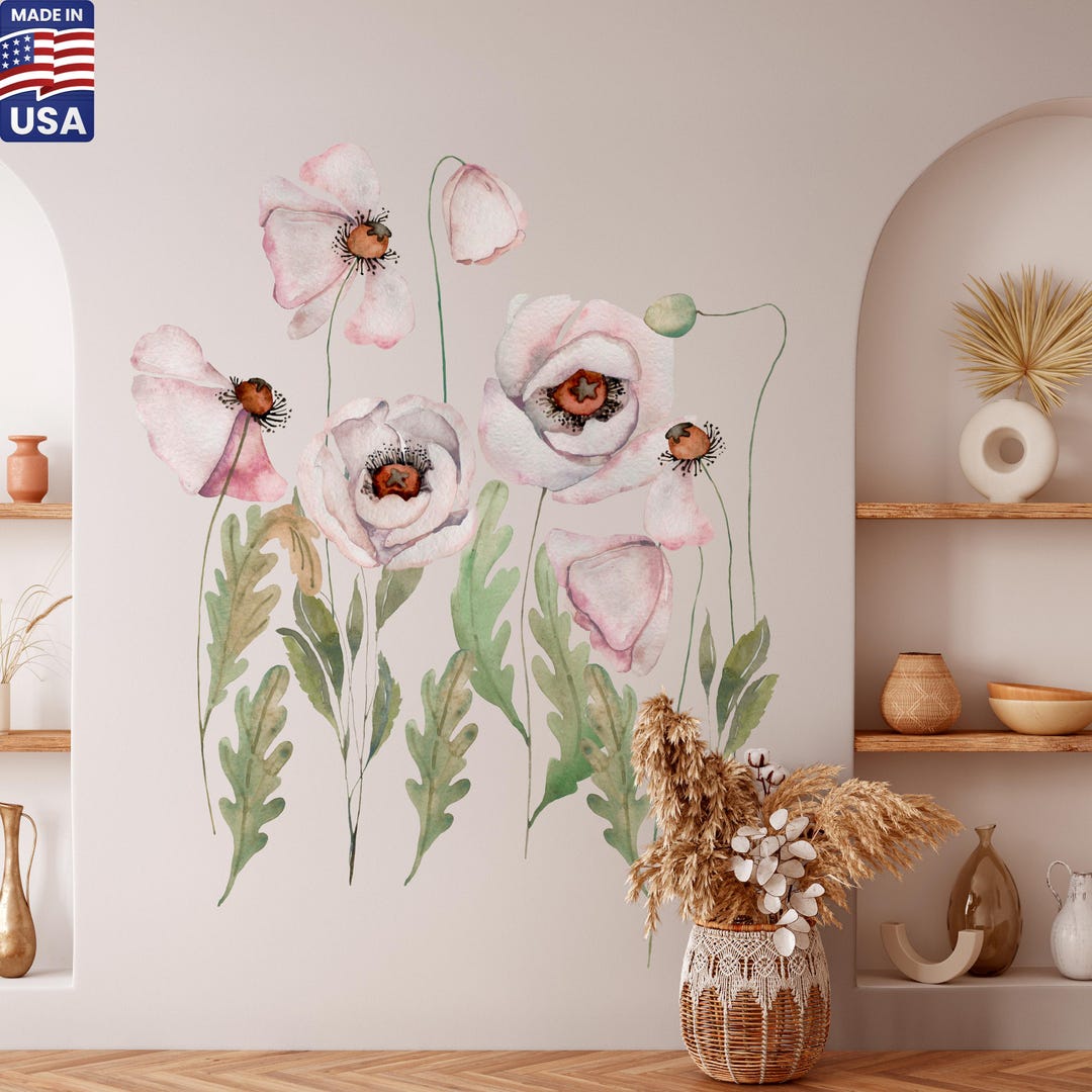 Poppy Flowers Wall Decal, Boho Nursery Decor, Removable Floral Wall Art ...