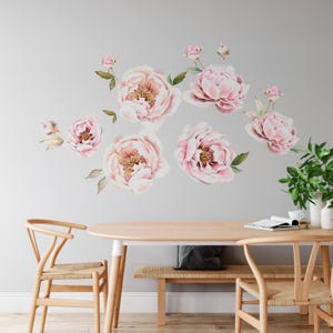 Watercolor Peonies Wall Decal – Nursery Boho Floral Wall Art – Removable Modern Vinyl Sticker for Bedroom, Living Room, or Office Decor