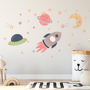 Space Wall Decal Set – Rocket, Planets, UFO, and Stars for Kids Room or Nursery – Kids Removable Decor, Scandinavian Stickers Nursery
