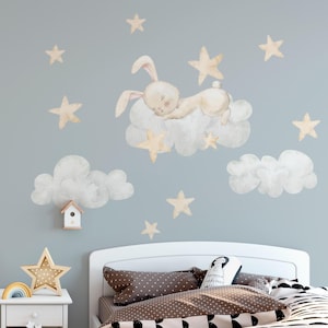 Sleeping Bunny on Clouds Wall Decals – Soft Watercolor Stars & Clouds Nursery Sticker Set, Animal Kids Room Decal, Removable Wall Stickers