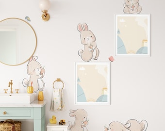 Bunny Wall Decals, Floral Rabbit Stickers, Nursery Decor