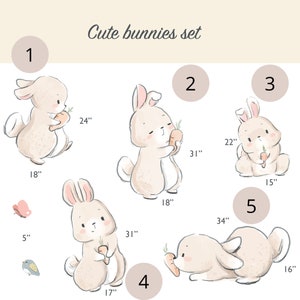 May include: Set of five cute bunny illustrations with numbers 1 through 5. Each bunny is holding a carrot and has a different pose. The illustrations are in a watercolor style and are perfect for a nursery or children's room.