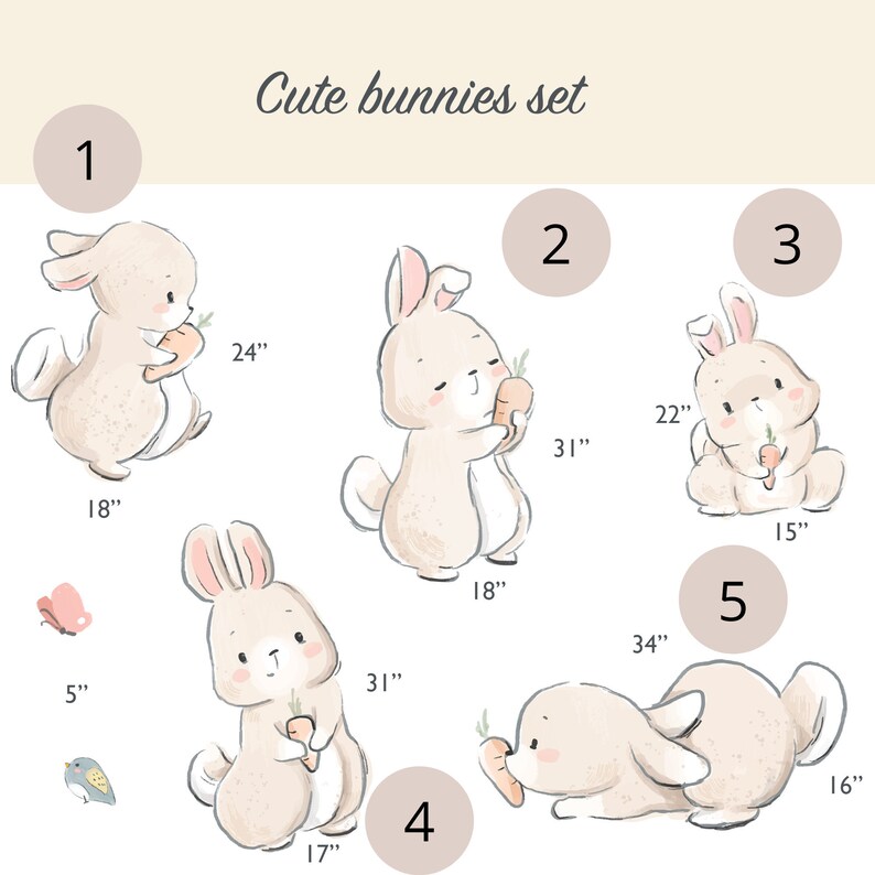 May include: Set of five cute bunny illustrations with numbers 1 through 5. Each bunny is holding a carrot and has a different pose. The illustrations are in a watercolor style and are perfect for a nursery or children's room.