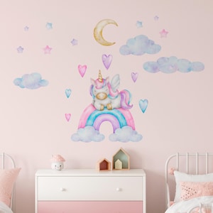 Unicorn Rainbow Wall Decals – Dreamy Pastel Unicorn with Rainbow, Stars, Moon & Clouds – Nursery Wall Stickers for Baby Girl’s Room