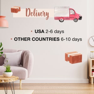 May include: A red delivery truck with a white box on the side. The text "Delivery" is written in brown above the truck. The text "USA 2-6 days" and "OTHER COUNTRIES 6-10 days" is written below the truck.