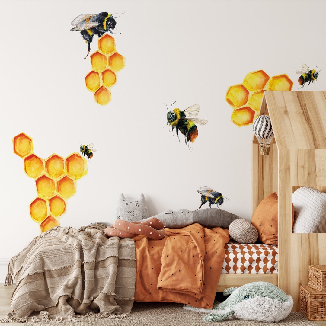 kitchen wall art | bee art print | honey bee decor |... Honeycomb Wall Decal, Honey Bee Wall Art, Modern Wallpaper - Etsy
