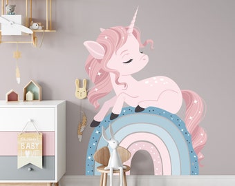 Eenhoorn muursticker, eenhoorn vinyl sticker, prinses kamer decor, eenhoorn op regenboog, eenhoorn verjaardagsdecor, sticker meisjeskamer, regenboog sticker.