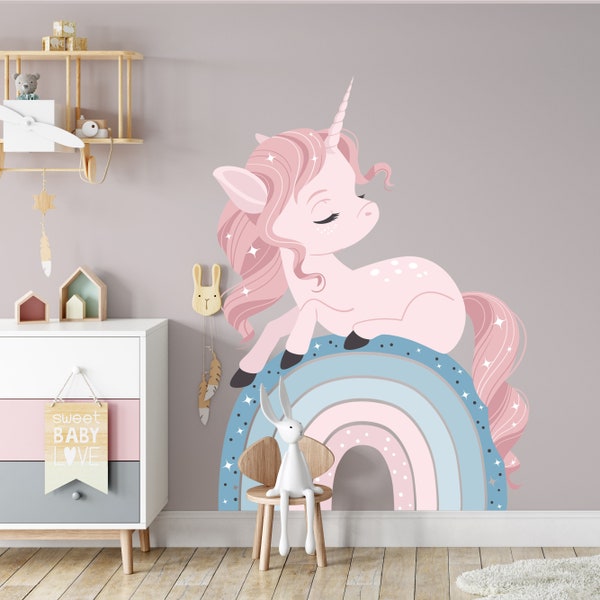 Unicorn wall decal, unicorn vinyl decal, princess room decor, unicorn on rainbow, unicorn birthday decor, girl nursery decal, rainbow decal.