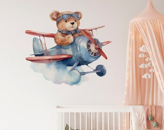 Vinilos decorativos de pared con ositos de peluche y aviones en acuarela, decoración para habitaciones infantiles.