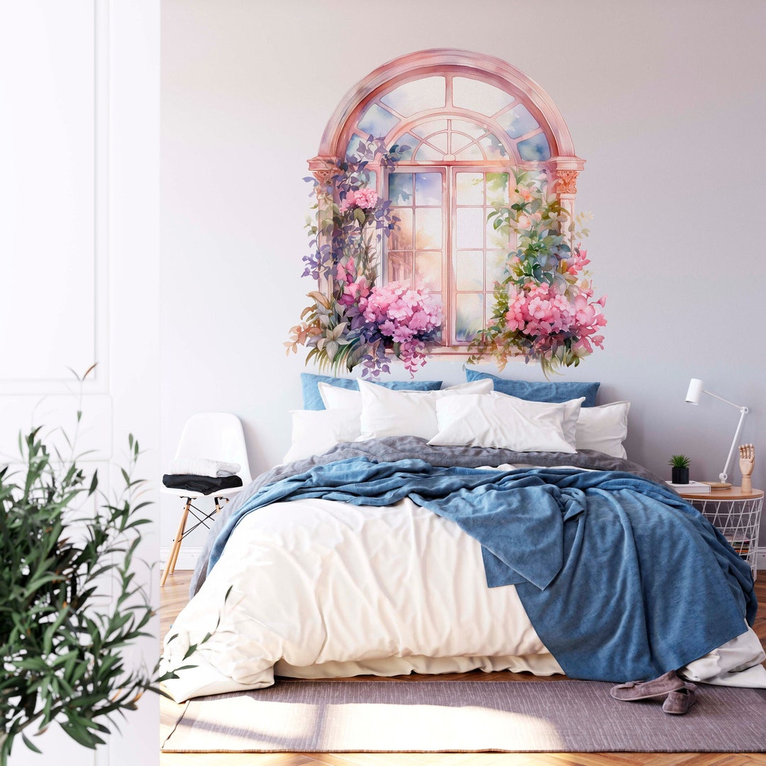 Watercolor Window Wall Decal – Floral Faux Window Sticker, Boho Decor ...