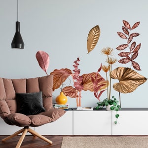 Gold Leaves Wall Decals - Boho Headboard Stickers, Tropical Flower Wall Art, Kids Room Decor, Bedroom Sticker, Custom Gift For New Home