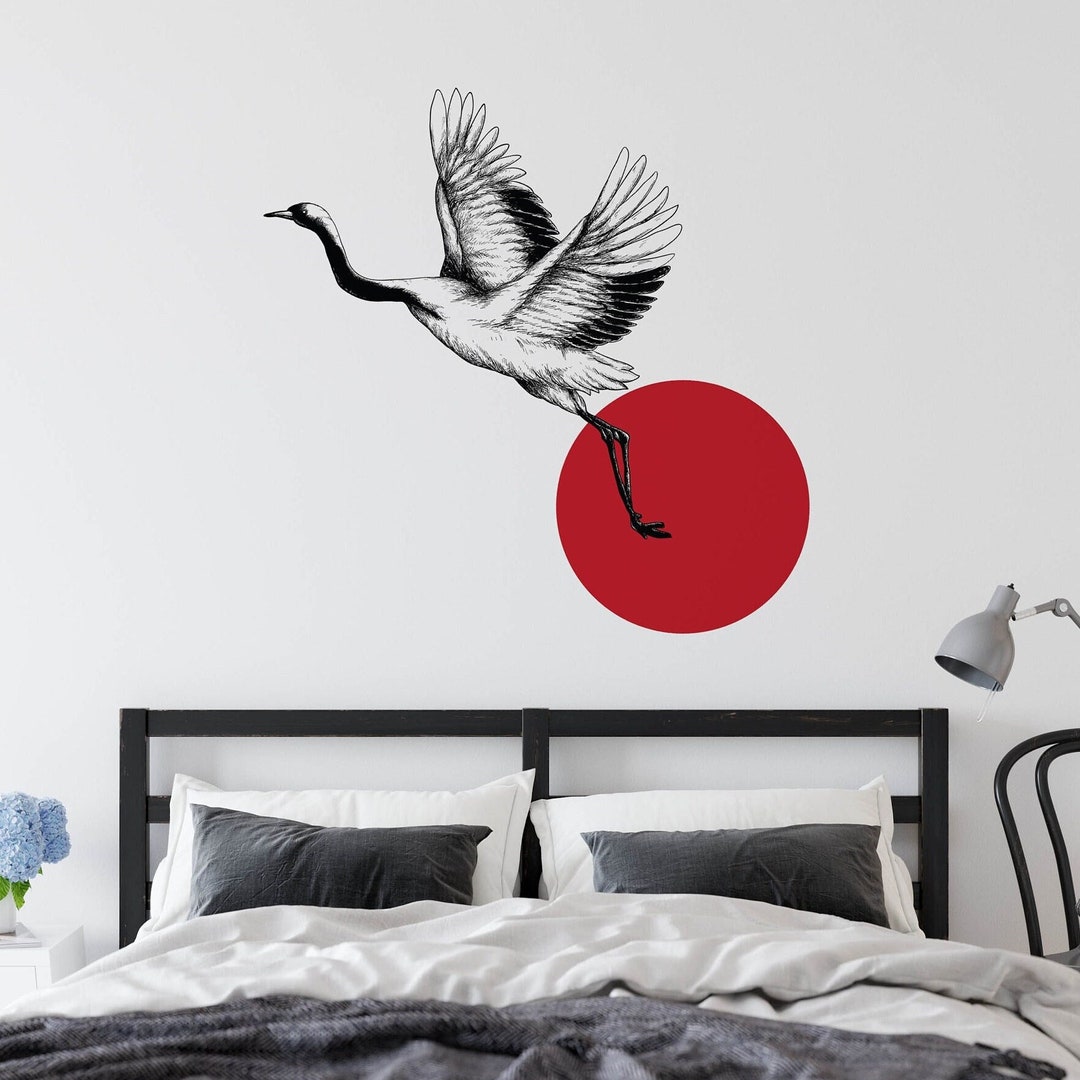 Red Circle and Crane Wall Decal Wall Decal, Japan Wall Decal, Wall