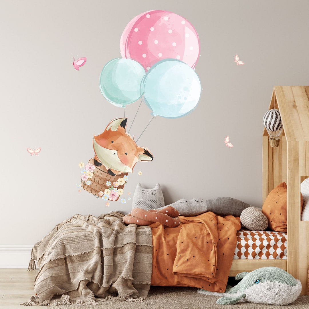 Cute Fox With Hot Air Balloon Wall Decor, Fox Wall Decal, Foxy Wall