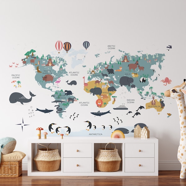 World Map Wall Decal, Educational Kids Room Decor