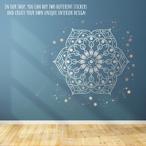May include: A white mandala wall decal with a star pattern on a blue wall. The text "IN OUR SHOP, YOU CAN BUY TWO DIFFERENT STICKERS AND CREATE YOUR OWN UNIQUE INTERIOR DESIGN" is at the top of the image.