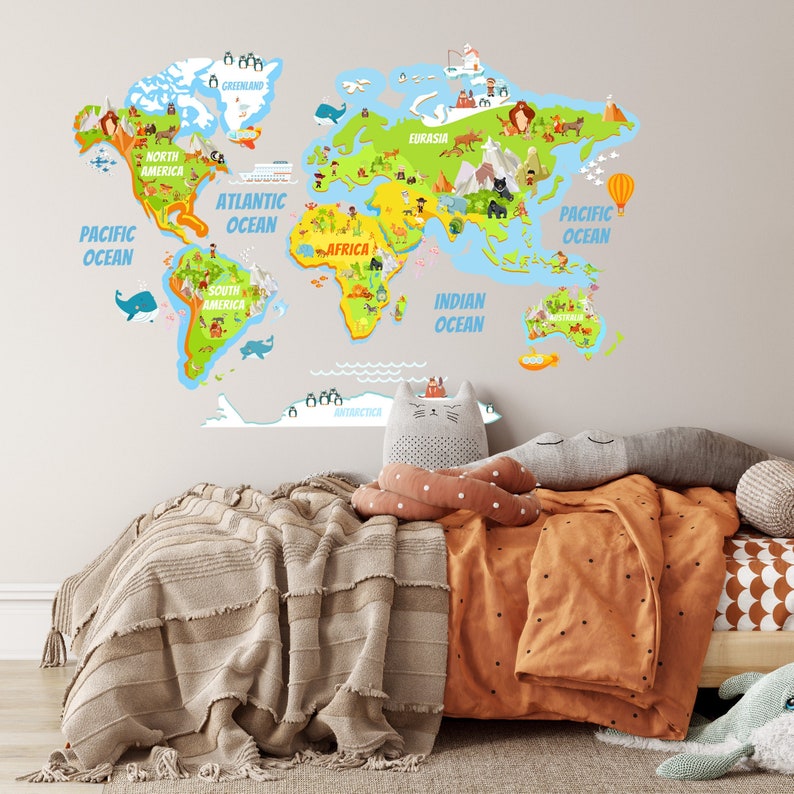 Colorful World Map Wall Decal, Kids Nursery Decor - Etsy