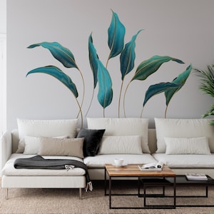 Tropical Blue Leaf Wall Decal – Boho Monstera Botanical Wall Art Sticker, Large Kids Room Decal, Removable Wall Stickers, Housewarming Gift