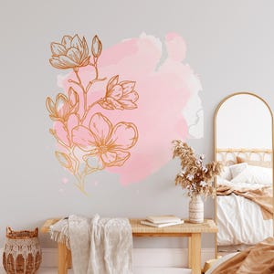 Botanical Wall Decals - Boho Vinyl Decal Set, Flower Blossoms, Leaf Decals, Gold Wall Decals, Removable Wall Art, Floral Wall Sticker