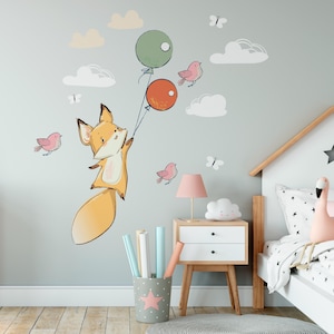 Cute Fox Wall Decal – Boho Nursery & Kids&#39; Room Decor, Woodland Wall Decals, Animal Wall Mural, Kids Room Decor, Balloon Wall Sticker