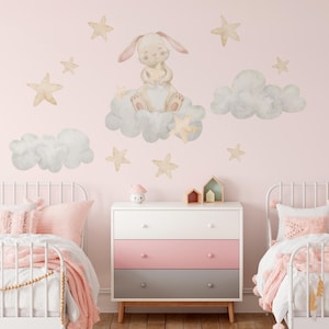 Bunny on Clouds Wall Decals – Boho Watercolor Stars & Clouds Nursery Sticker Set, Animal Kids Room Decal, Removable Wall Stickers