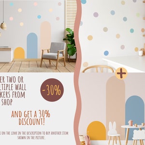 May include: Two images showing different wall decals. The first image shows a living room with a light blue, peach, and yellow arch wall decal. The second image shows a playroom with a light blue, peach, and yellow arch wall decal, a white bunny, and a white bear. The text on the image reads "Order two or multiple wall stickers from our shop -30% and get a 30% discount! Click on the link in the description to buy another item shown in the picture."