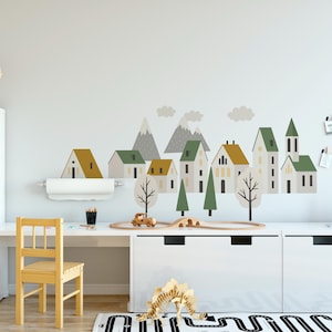 Scandinavian Style Cute Village Wall Decal - Hand Drawn Town Decal, City Decal, Scandi Nursery, Boho Nursery Decal, Nordic Modern Nursery