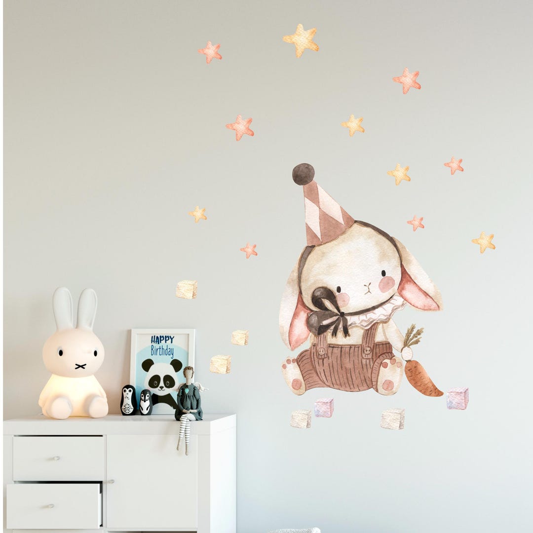 Watercolor Bunny Wall Decal – Cute Nursery Sticker With Stars & Carrot ...