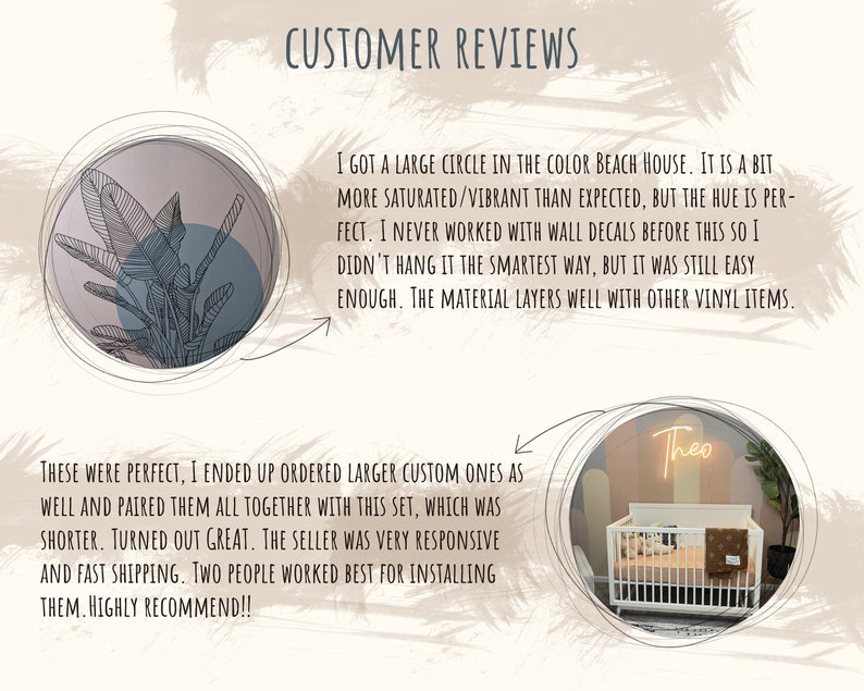 May include: Image featuring customer reviews with text. One review mentions a large circle in the color Beach House. Another review states the items were perfect and recommends the seller. A crib with a neon sign that says "Theo" is also shown.