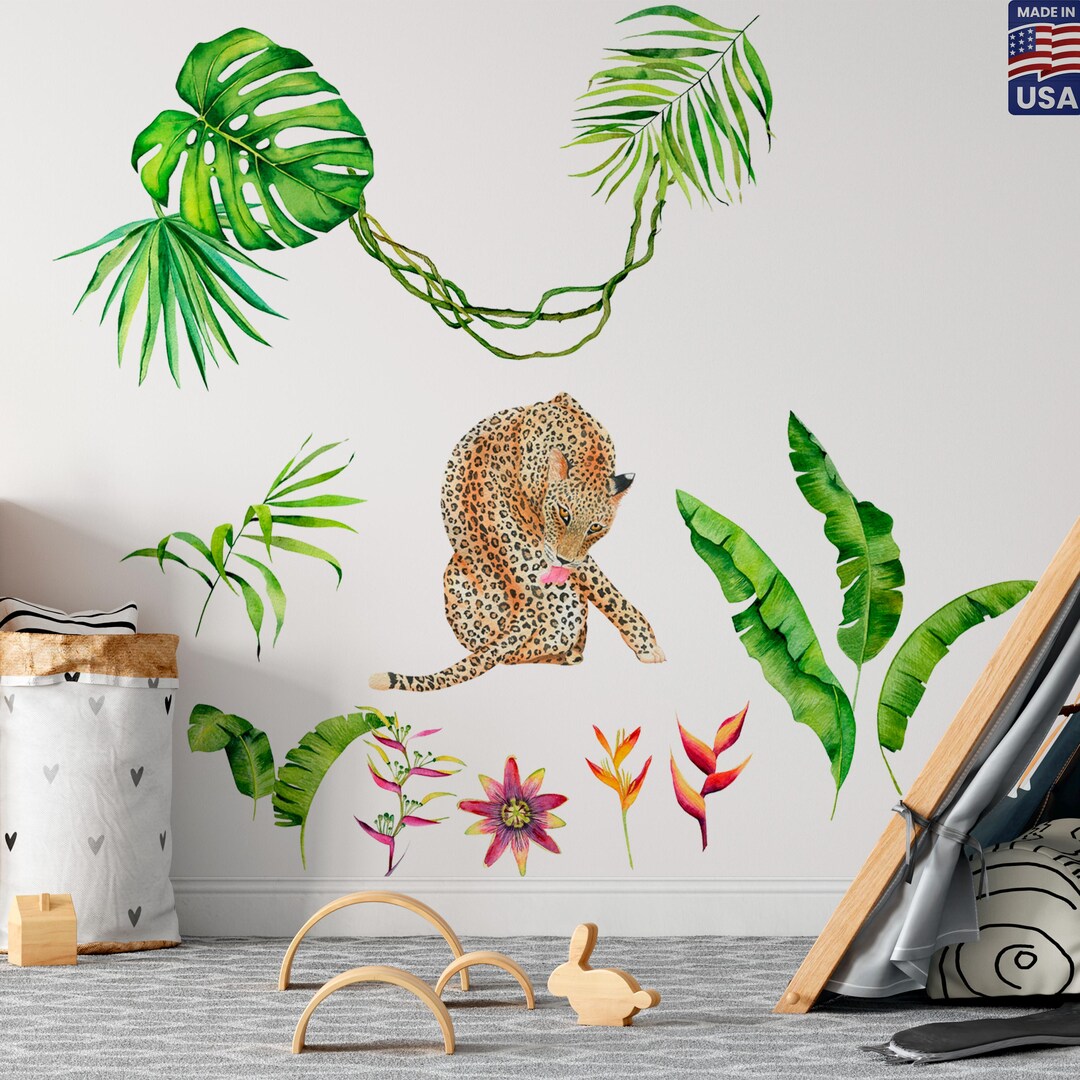 Watercolor Safari Wall Decals – Leopard, Tropical Leaves, Nursery Mural ...