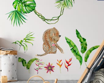 Watercolor Safari Wall Decals – Leopard, Tropical Leaves, Nursery Mural