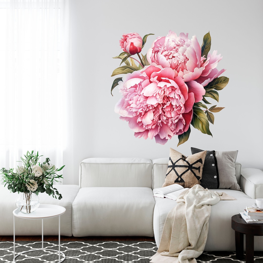 Peony Flower Wall Decal - Removable Floral Mural, Girls Nursery Decor ...