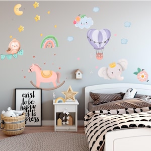 Toys Wall Decals - Hot Air Balloon Nursery Wall Decor - Peel and Stick Rainbow Decor, Elephant Wall Art,  Clouds and Stars Wall Decals