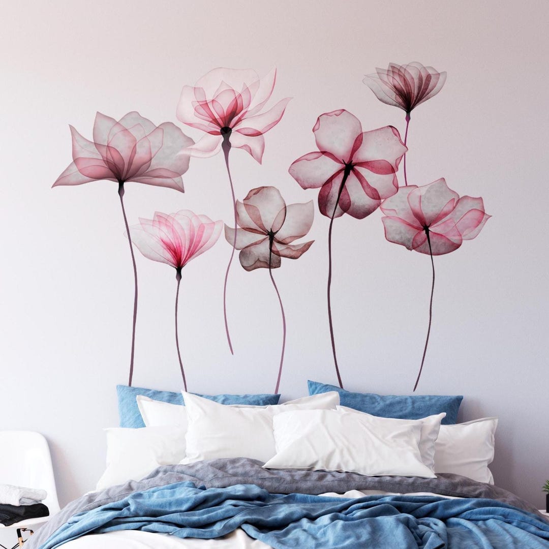 Soft Pink Flower Wall Decal Set Botanical Removable Wallpaper Nursery ...