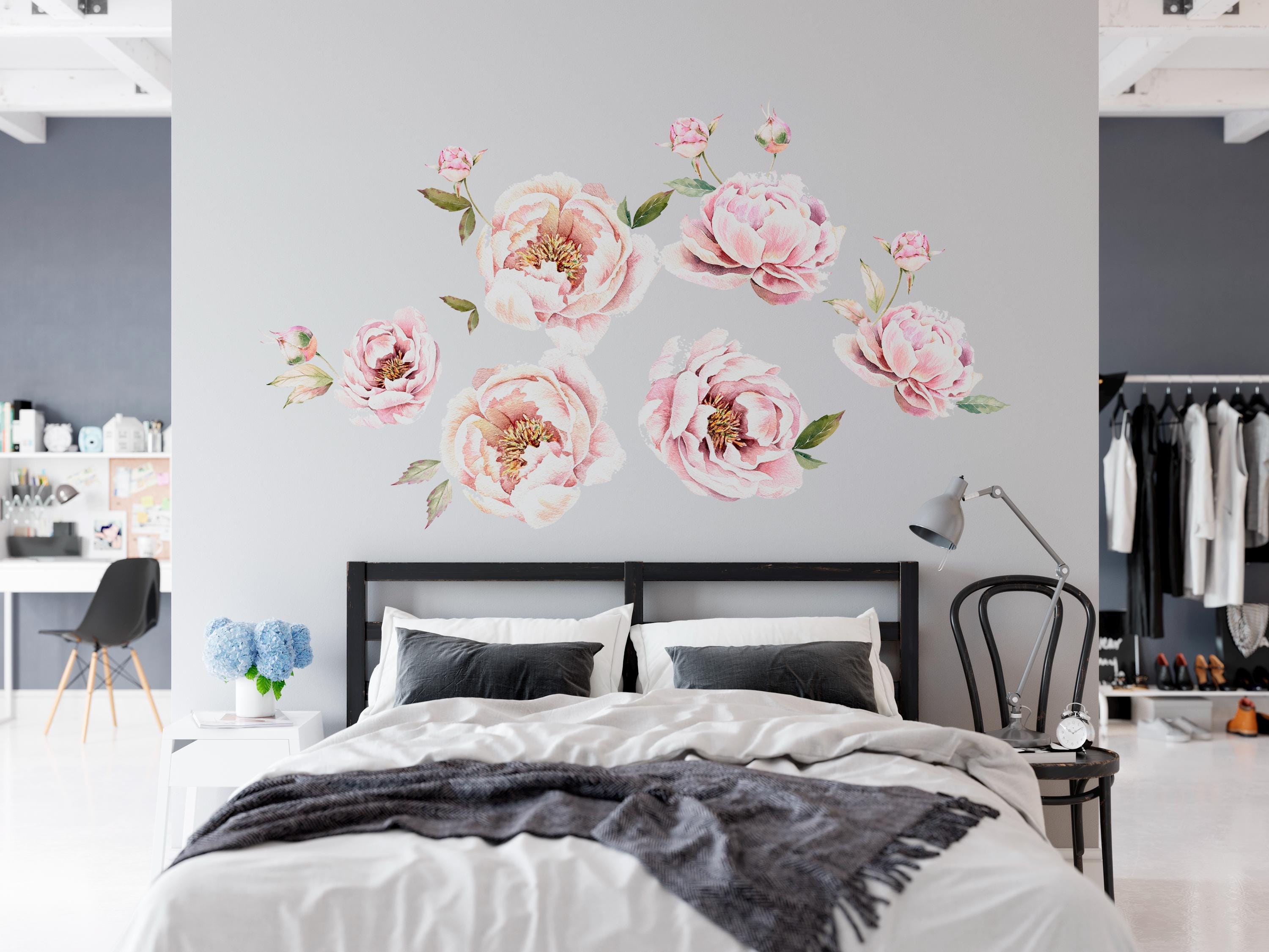 Sticker Mural Fleur Pivoine Aquarelle - 40x60 Cm, Vinyle PVC, Amovible, Pour Salon, Chambre, Salle De Bain