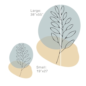May include: Abstract art print featuring a black line drawing of a plant with leaves, set against a backdrop of soft blue and beige organic shapes. The large print measures 38" x 55", and the small print is 19" x 27".